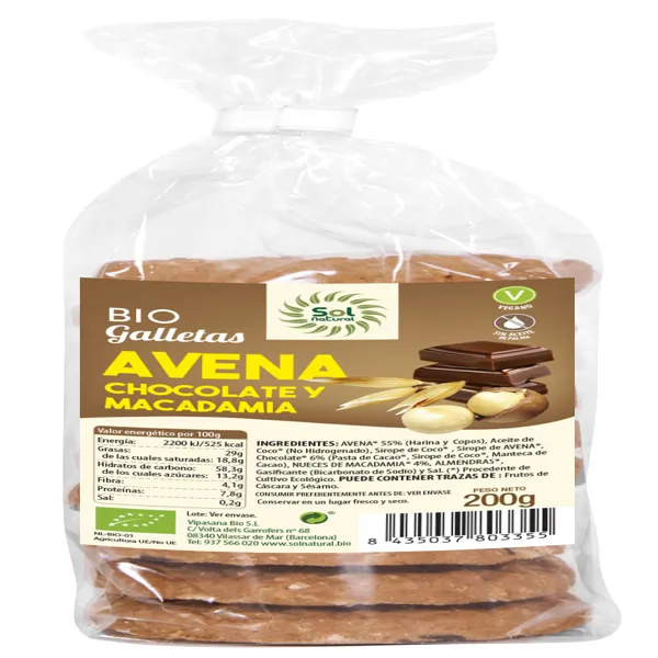 Galletas avena chocolate y macadamia bio 200 g Solnatural
