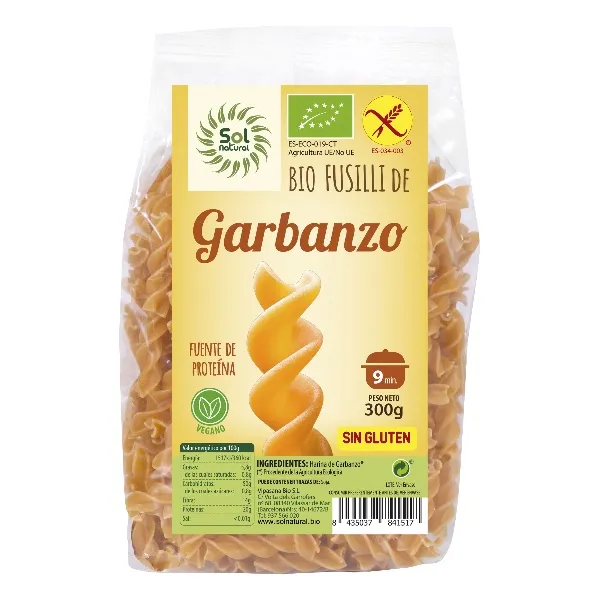 Fusilli de garbanzo bio sin gluten 300 g Solnatural