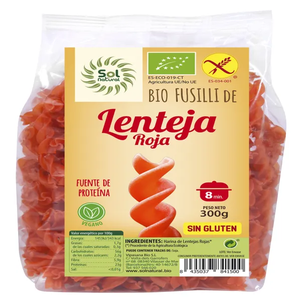 Fusilli de lenteja roja bio sin gluten 300 g Solnatural