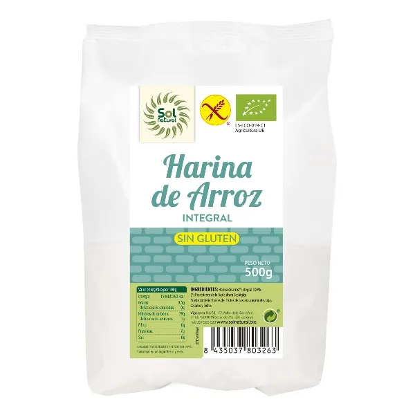 Harina de arroz integral sin gluten bio 500 g Solnatural