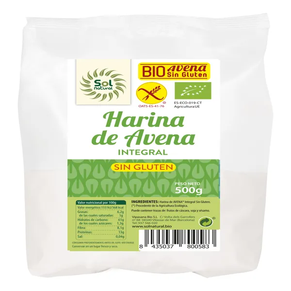 Harina de avena sin gluten bio 500 g Solnatural